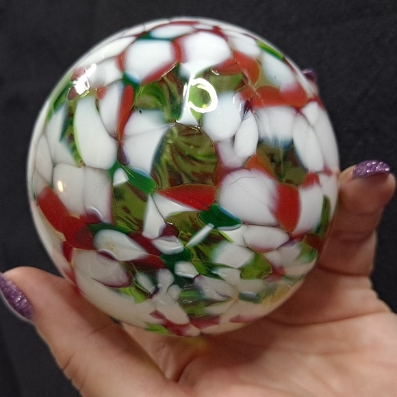 Hand Blown Red, White, & Green Glass Friendship Ball Ornament - Picture 4 of 4